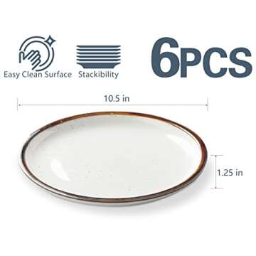 ONEMORE 10.5 Inch Ceramic Dinner Plate - Large Stoneware Dish Set of 6, Dessert Salad Plates, Microwave, Dishwasher and Oven Safe, Easy to Clean, Rustic and Speckled Style Dinnerware, Creamy White