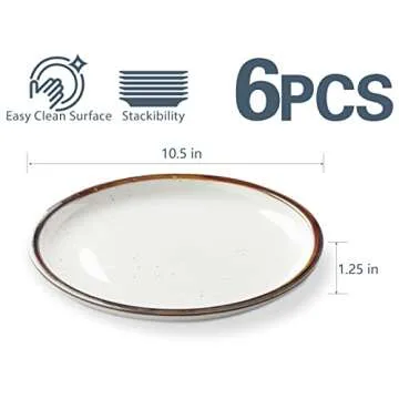 ONEMORE 10.5 Inch Ceramic Dinner Plate - Large Stoneware Dish Set of 6, Dessert Salad Plates, Microwave, Dishwasher and Oven Safe, Easy to Clean, Rustic and Speckled Style Dinnerware, Creamy White