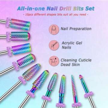 10Pcs Nail Drill Bits Sets, Depvko Professional Tungsten Carbide Drill Bit for Nails, 3/32 inch Electric Bits Acrylic Gel Nails Polishing Cuticle Remover Tools for Manicure Pedicure Salon Home