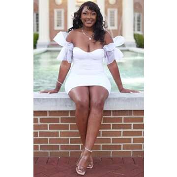 Birthday Dress for Women, Sexy Off Shoulder Mesh Puff Sleeve Ruffle Ruched Bodycon Cocktail Dress Wh...