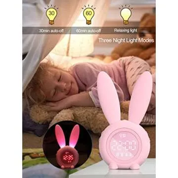 Kids Alarm Clock - Digital Wake Up Clock, Dimmable Ambient Lighting, Cute Rabbit Design, 5 Ringtones - Rechargeable, Perfect for Bedrooms