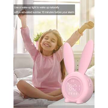 Kids Alarm Clock - Digital Wake Up Clock, Dimmable Ambient Lighting, Cute Rabbit Design, 5 Ringtones - Rechargeable, Perfect for Bedrooms