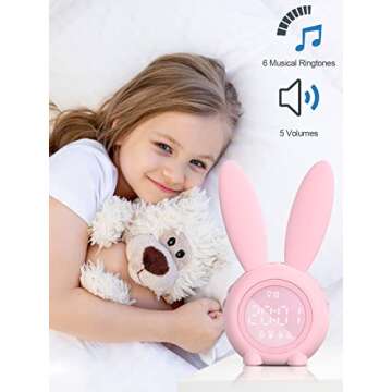 Kids Alarm Clock - Digital Wake Up Clock, Dimmable Ambient Lighting, Cute Rabbit Design, 5 Ringtones - Rechargeable, Perfect for Bedrooms