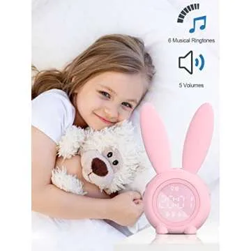 Kids Alarm Clock - Digital Wake Up Clock, Dimmable Ambient Lighting, Cute Rabbit Design, 5 Ringtones - Rechargeable, Perfect for Bedrooms