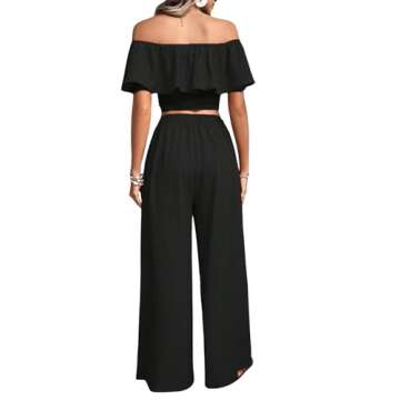 MakeMeChic Women's 2 Piece Outfits Short Sleeve Off Shoulder Ruffle Trim Cropped Blouses and Slant Pocket Wide Leg Pants Sets