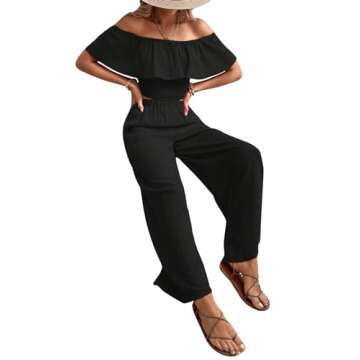 MakeMeChic Women's 2 Piece Outfits Short Sleeve Off Shoulder Ruffle Trim Cropped Blouses and Slant Pocket Wide Leg Pants Sets