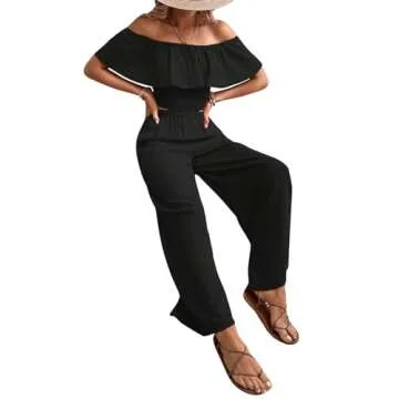 MakeMeChic Women's 2 Piece Outfits Short Sleeve Off Shoulder Ruffle Trim Cropped Blouses and Slant Pocket Wide Leg Pants Sets