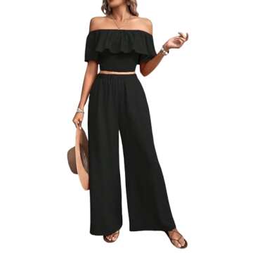MakeMeChic Women's 2 Piece Outfits Short Sleeve Off Shoulder Ruffle Trim Cropped Blouses and Slant Pocket Wide Leg Pants Sets