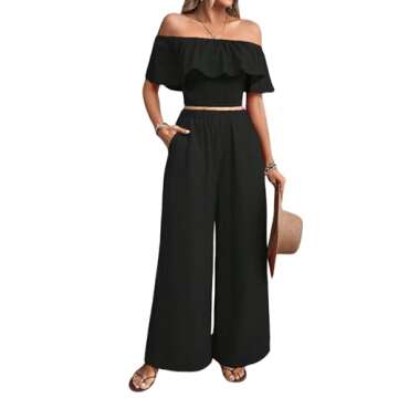 MakeMeChic Women's 2 Piece Outfits Short Sleeve Off Shoulder Ruffle Trim Cropped Blouses and Slant Pocket Wide Leg Pants Sets