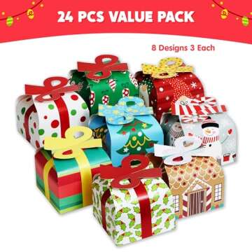 JOYIN 24 PCS 3D Christmas Goody Gift Boxes with Bow for Holiday Xmas Goodie Paper Boxes, School Clas...