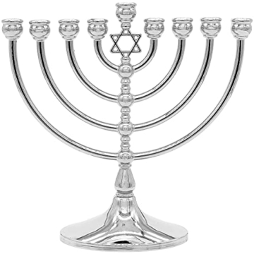 The Dreidel Company Hanukkah Menorah with Traditional Star Polished Aluminum Finish, Size 7" Tall