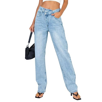 PLNOTME Women's Low Waisted Jeans - Casual Denim Pants with Stylish Crossover Design