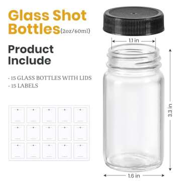 15 Pack 2 oz Glass Shot Mini Bottles w/ Black Lids & 15 Labels - Small Clear Jar for Ginger, Wellnes...