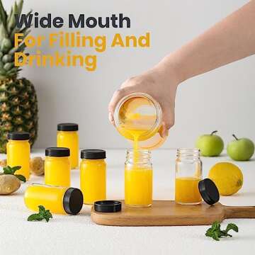 15 Pack 2 oz Glass Shot Mini Bottles w/ Black Lids & 15 Labels - Small Clear Jar for Ginger, Wellness Shot, Juice, Sample, Whiskey - Travel Essentials - Wide Mouth, Leakproof, Dishwasher Safe