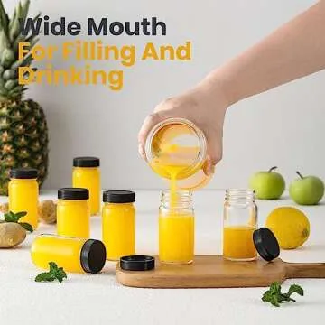 15 Pack 2 oz Glass Shot Mini Bottles w/ Black Lids & 15 Labels - Small Clear Jar for Ginger, Wellness Shot, Juice, Sample, Whiskey - Travel Essentials - Wide Mouth, Leakproof, Dishwasher Safe