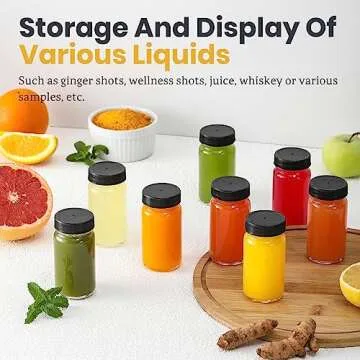 15 Pack 2 oz Glass Shot Mini Bottles w/ Black Lids & 15 Labels - Small Clear Jar for Ginger, Wellness Shot, Juice, Sample, Whiskey - Travel Essentials - Wide Mouth, Leakproof, Dishwasher Safe