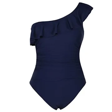 Hilor Women's One Piece Swimsuits - Asymmetric Ruffle Monokinis, Navy