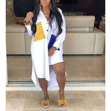 Women's Sexy T-Shirt Dress V Neck Button Down Loose Blouse Tops Casual Dresses with Pocket White XL