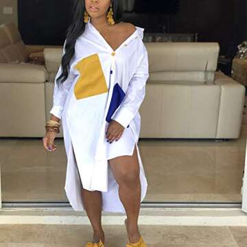 Women's Sexy T-Shirt Dress V Neck Button Down Loose Blouse Tops Casual Dresses with Pocket White XL