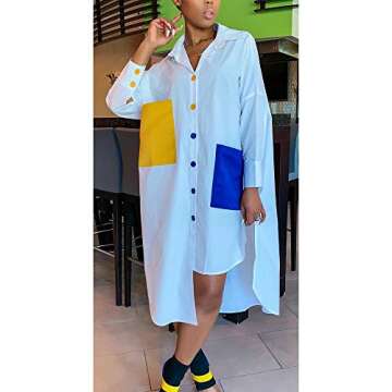 Women's Sexy T-Shirt Dress V Neck Button Down Loose Blouse Tops Casual Dresses with Pocket White XL