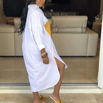 Women's Sexy T-Shirt Dress V Neck Button Down Loose Blouse Tops Casual Dresses with Pocket White XL