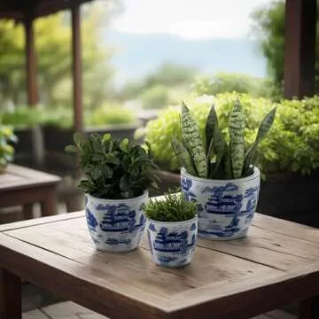 Sagebrook Home Set of 3 Ceramic Planters - Contemporary Vintage Style Blue and White Planters with C...