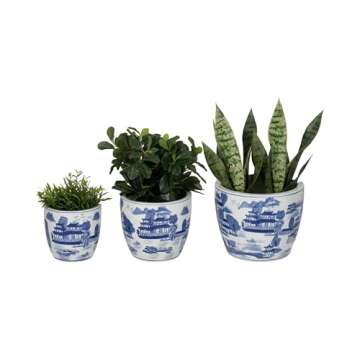 Sagebrook Home Set of 3 Ceramic Planters - Contemporary Vintage Style Blue and White Planters with Chinoiserie Style Design for Home or Office Indoor/Outdoor Décor