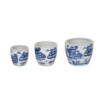 Sagebrook Home Set of 3 Ceramic Planters - Contemporary Vintage Style Blue and White Planters with Chinoiserie Style Design for Home or Office Indoor/Outdoor Décor