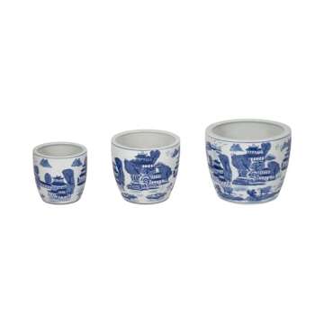 Sagebrook Home Set of 3 Ceramic Planters - Contemporary Vintage Style Blue and White Planters with Chinoiserie Style Design for Home or Office Indoor/Outdoor Décor