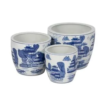 Sagebrook Home Set of 3 Ceramic Planters - Contemporary Vintage Style Blue and White Planters with Chinoiserie Style Design for Home or Office Indoor/Outdoor Décor