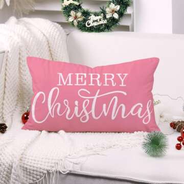 LOMCHEN Pink Christmas Lumbar Pillow Cover 12x20 Inches for Christmas Decorations Merry Christmas Throw Pillow Covers Winter Holiday Cushion Case Decoration for Sofa Couch
