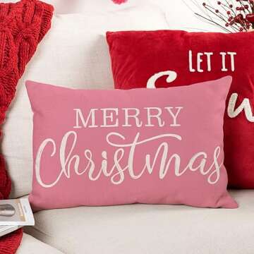 LOMCHEN Pink Christmas Lumbar Pillow Cover 12x20 Inches for Christmas Decorations Merry Christmas Throw Pillow Covers Winter Holiday Cushion Case Decoration for Sofa Couch