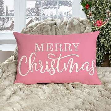 LOMCHEN Pink Christmas Lumbar Pillow Cover 12x20 Inches for Christmas Decorations Merry Christmas Throw Pillow Covers Winter Holiday Cushion Case Decoration for Sofa Couch