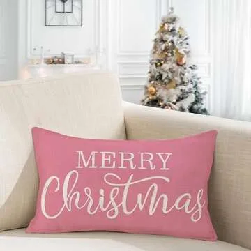 LOMCHEN Pink Christmas Lumbar Pillow Cover 12x20 Inches for Christmas Decorations Merry Christmas Throw Pillow Covers Winter Holiday Cushion Case Decoration for Sofa Couch