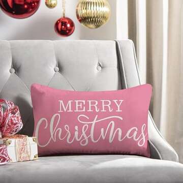 LOMCHEN Pink Christmas Lumbar Pillow Cover 12x20 Inches for Christmas Decorations Merry Christmas Throw Pillow Covers Winter Holiday Cushion Case Decoration for Sofa Couch