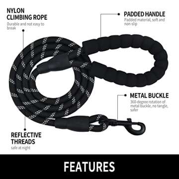 Panykoo 5/6 FT Strong Pet Dog Leash with Soft Padded Handle,Highly Reflective Rope for Night Walking,360-Degree Rotating Metal Buckle Without Tangles,Suitable for Small,Medium and Large Dogs.(6ft)