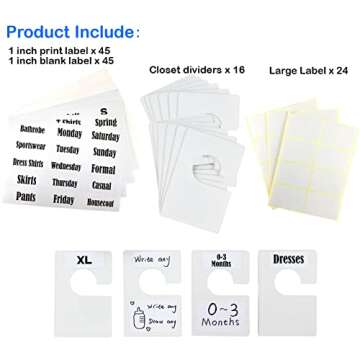 TraGoods 16 Pack White Clothing Rack Size Dividers Plus 60 Labels (1 Inch) and 16 Large Blank Labels, Large Rectangular Clothing Closet Dividers (Pearl White)