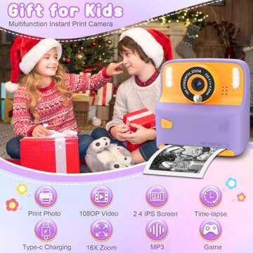 Instant Print Camera for Kids, Christmas Birthday Gift for 3-12 Year Old Girls Boys, Children Digita...