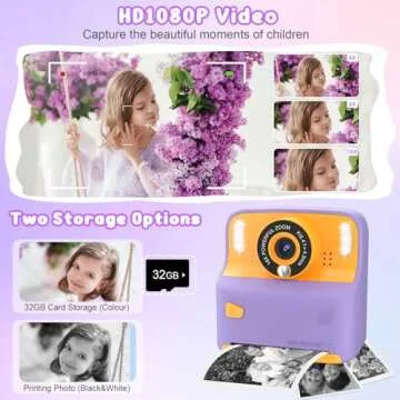 Instant Print Camera for Kids, Christmas Birthday Gift for 3-12 Year Old Girls Boys, Children Digital Camera Print Black and White Photo for Toddler Toys, 2.4 inch Screen with 32GB Card (Purple)