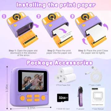 Instant Print Camera for Kids, Christmas Birthday Gift for 3-12 Year Old Girls Boys, Children Digital Camera Print Black and White Photo for Toddler Toys, 2.4 inch Screen with 32GB Card (Purple)