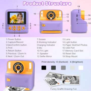 Instant Print Camera for Kids, Christmas Birthday Gift for 3-12 Year Old Girls Boys, Children Digital Camera Print Black and White Photo for Toddler Toys, 2.4 inch Screen with 32GB Card (Purple)