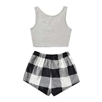 Milumia Women's Two Piece Pajama Crop Tank Top Tie Waist Fluffy Teddy Shorts Lounge Set Multi Black White Small
