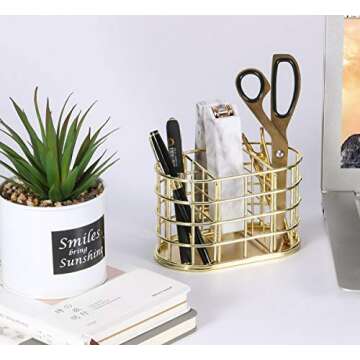 Nugorise Pen Holder, 3 Compartment Metal Pencil Holder Stationery Organizer, Decorative Desktop Storage Holder for Office Supplies, Gold