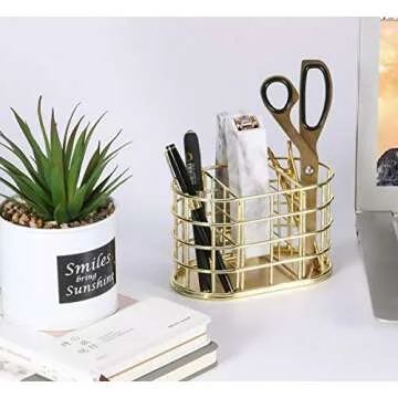 Nugorise Pen Holder, 3 Compartment Metal Pencil Holder Stationery Organizer, Decorative Desktop Storage Holder for Office Supplies, Gold