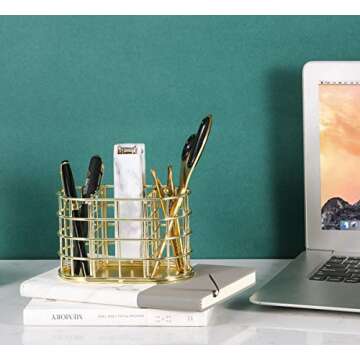 Nugorise Pen Holder, 3 Compartment Metal Pencil Holder Stationery Organizer, Decorative Desktop Storage Holder for Office Supplies, Gold