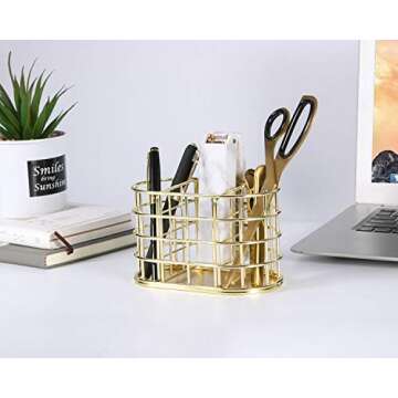 Nugorise Pen Holder, 3 Compartment Metal Pencil Holder Stationery Organizer, Decorative Desktop Storage Holder for Office Supplies, Gold