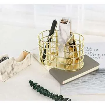 Nugorise Pen Holder, 3 Compartment Metal Pencil Holder Stationery Organizer, Decorative Desktop Storage Holder for Office Supplies, Gold