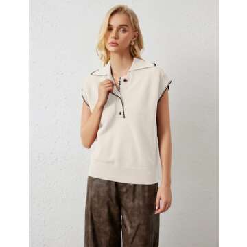 MISSACTIVER Women Casual Button Down Lapel Collar Sweater Vest Sleeveless Knit Loose Fit Stripe Trim...