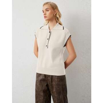 MISSACTIVER Women Casual Button Down Lapel Collar Sweater Vest Sleeveless Knit Loose Fit Stripe Trim Pullover Tank Tops(Large,Apricot)