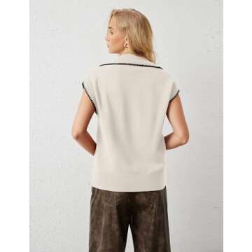 MISSACTIVER Women Casual Button Down Lapel Collar Sweater Vest Sleeveless Knit Loose Fit Stripe Trim Pullover Tank Tops(Large,Apricot)